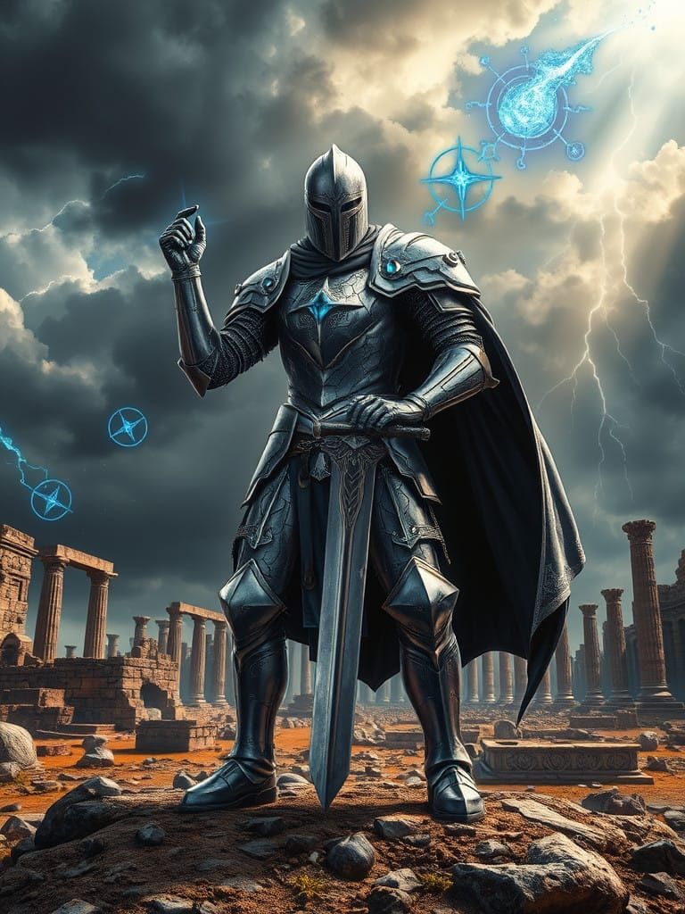 The knight, wearing mystical silver armor, stands on ruined battlefield.