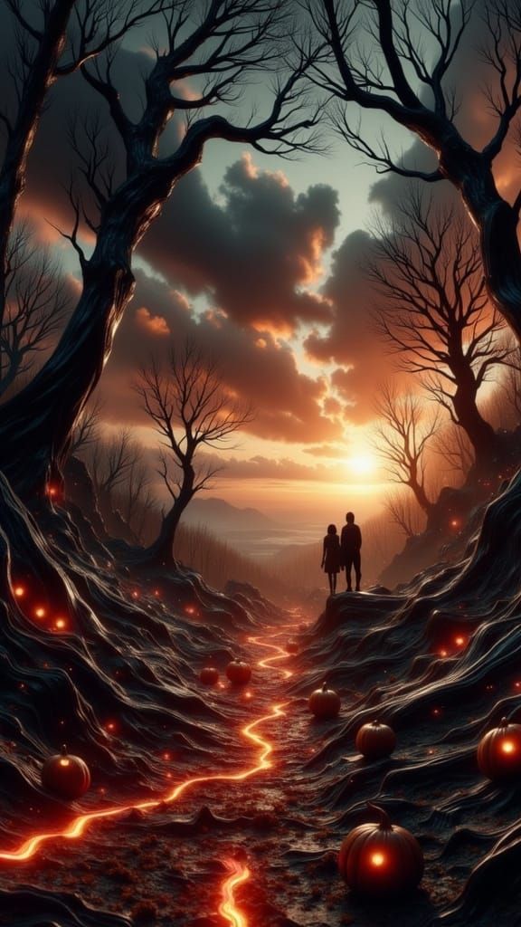 Mysterious, Orange-Hued Sky Over a Twisted, Autumnal Forest