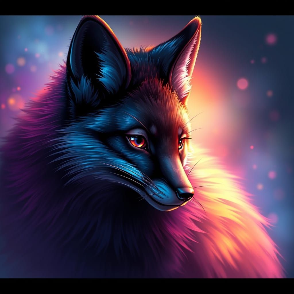 Anime-Style Hyperrealistic Black Fox with Iridescent Fur