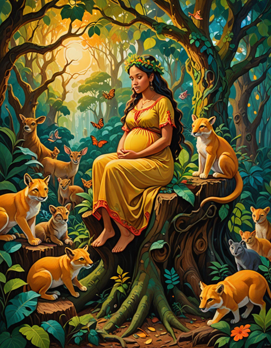 Gauguin-Inspired Mother Nature Surrounded by Lush Forest Cre...