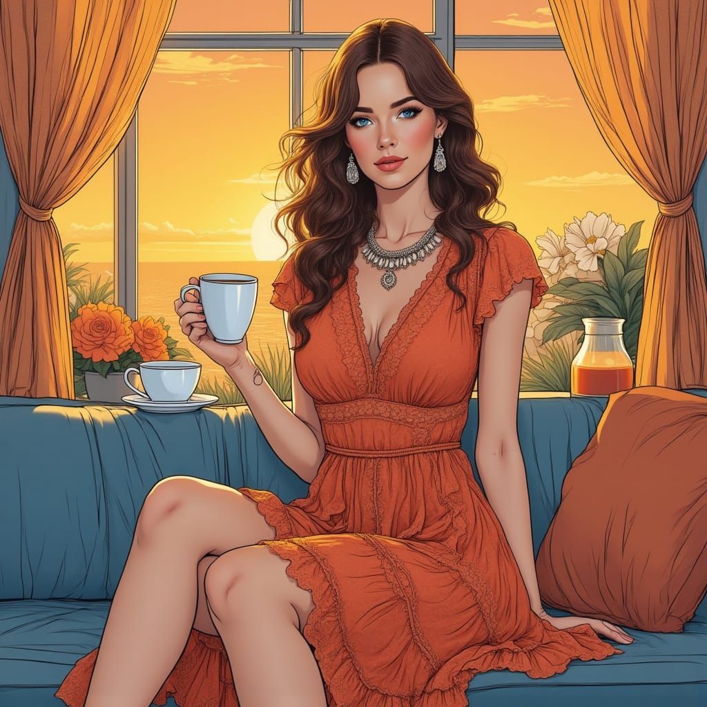 Boho Woman in Sunlit Room at Sunset, Line Art Style