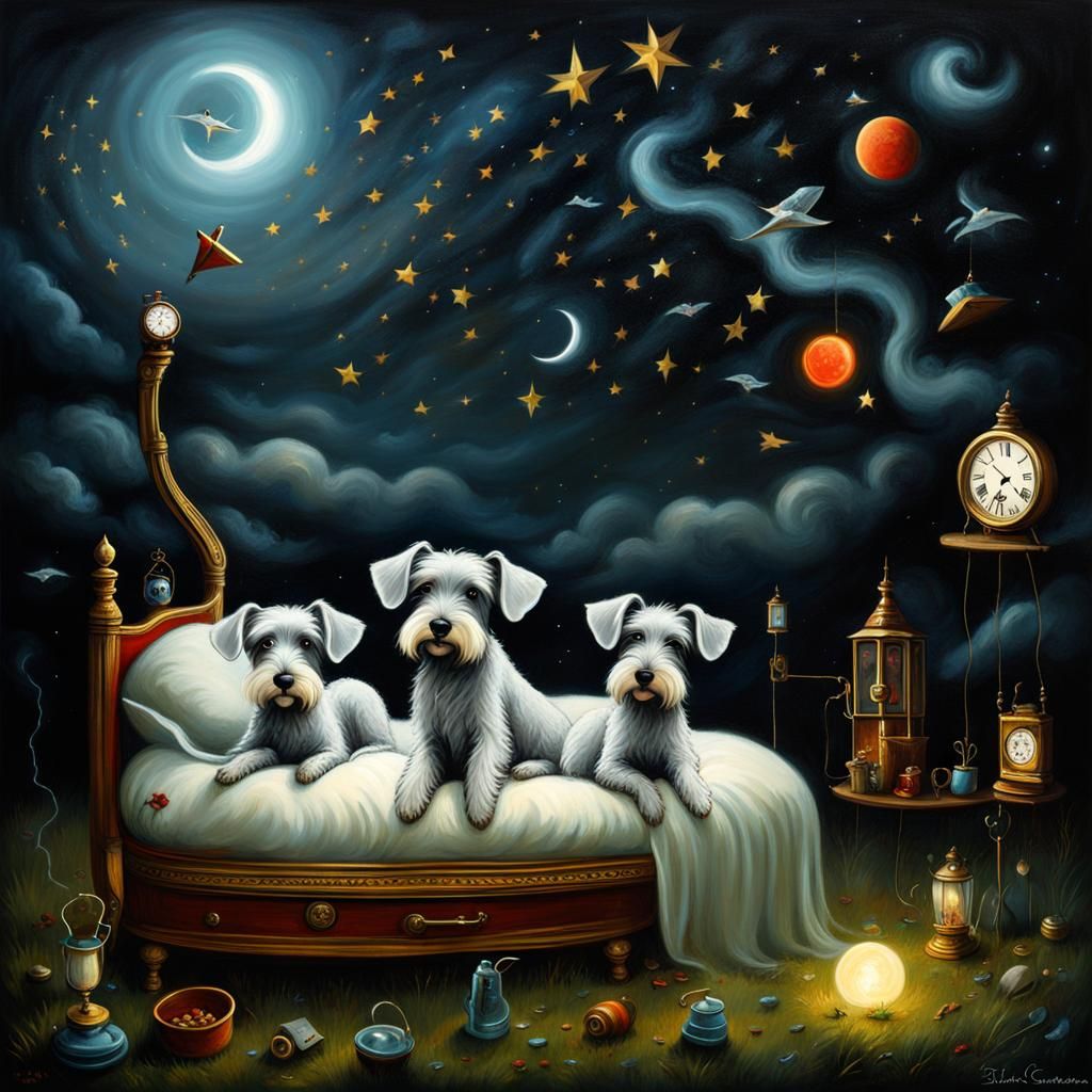 Dreamy Schnauzers in Surrealist Bauhaus Oil Painting