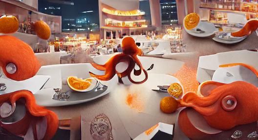 Orange Octopus Rampage in Restaurant: Cinematic Digital Art