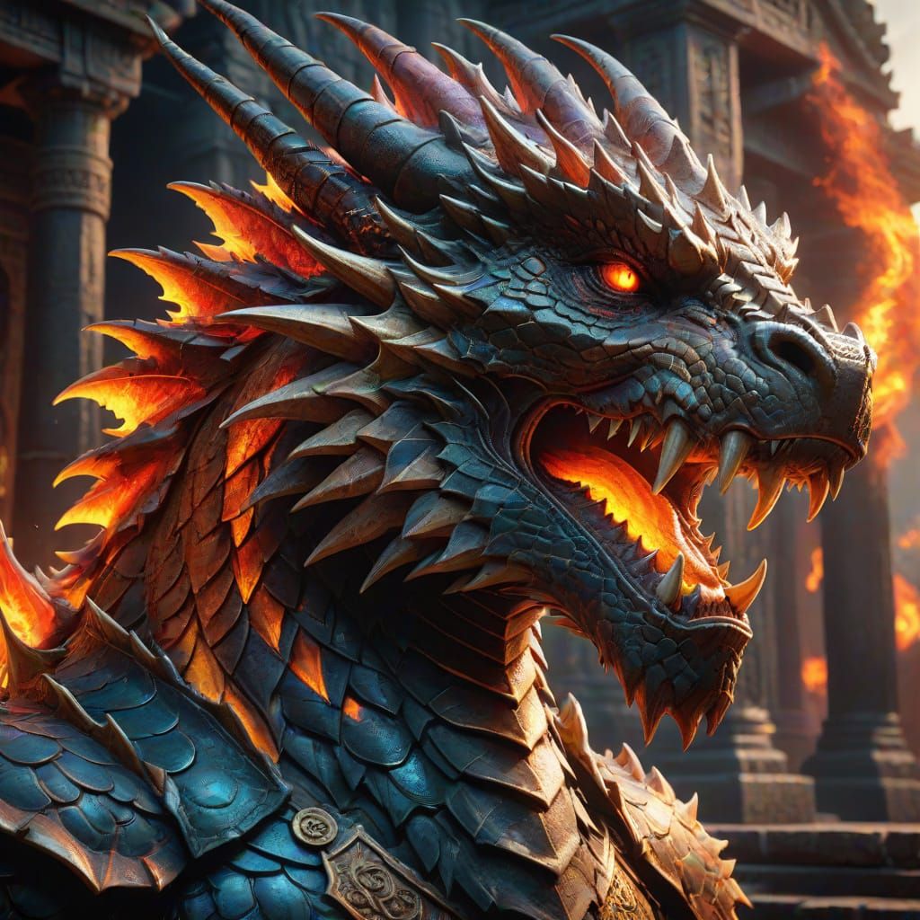 Surreal Dragon Monarch Roars in Ancient Temple