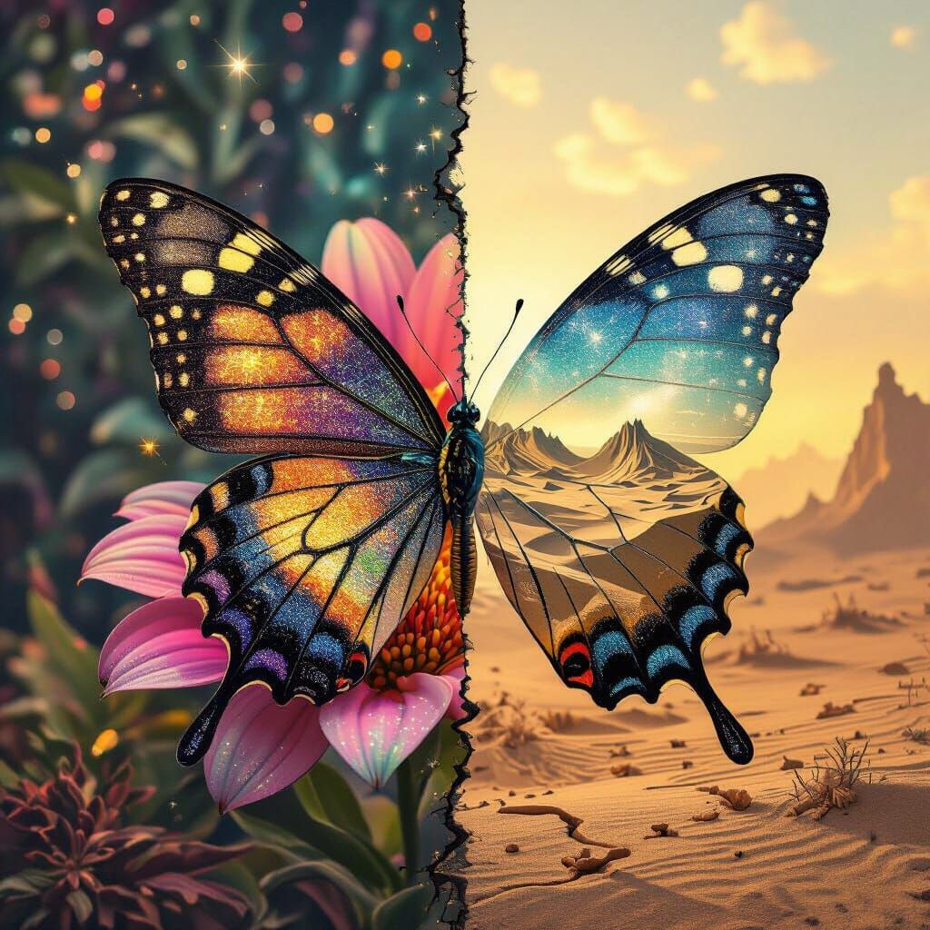 Surreal Butterfly with Cosmic and Dystopian Wings