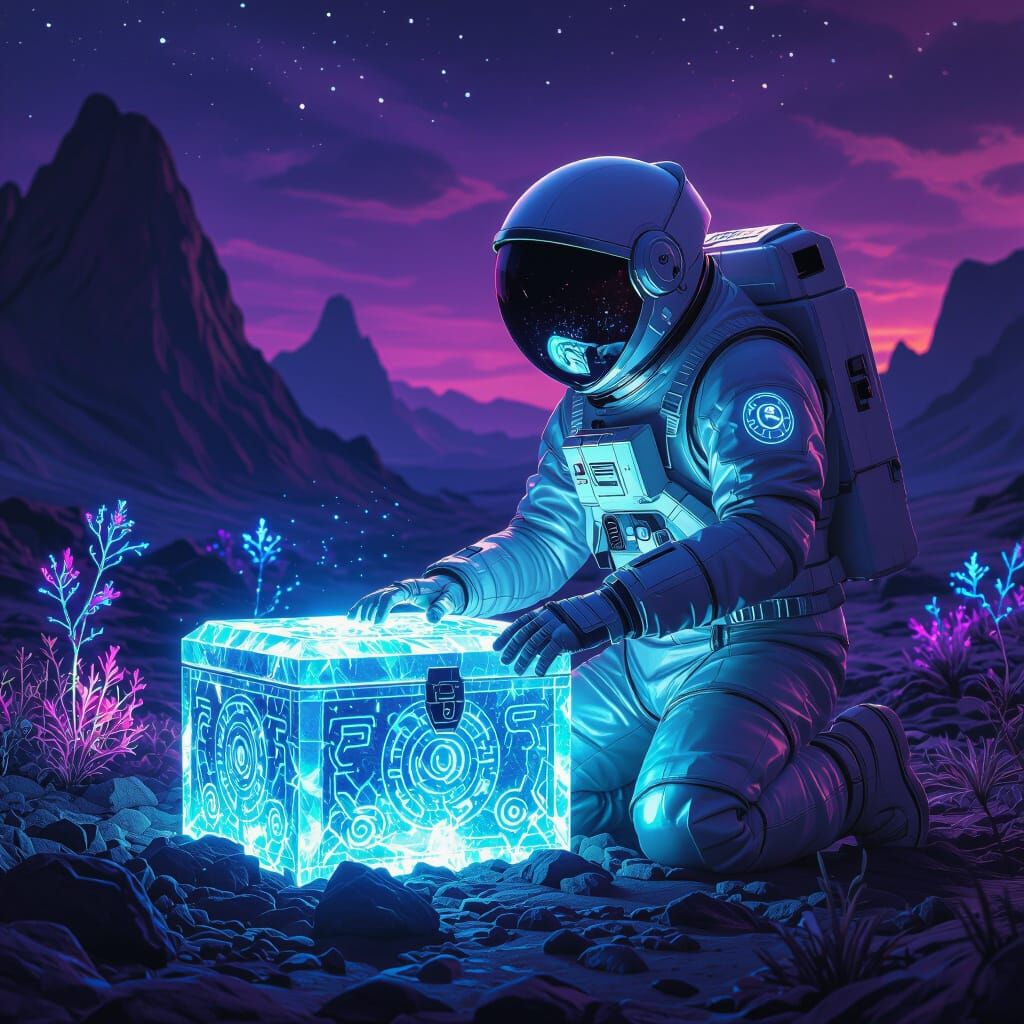 Astronaut and Crystalline Treasure Chest on Alien Planet