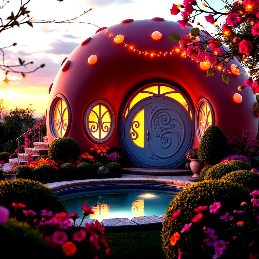 Whimsical Donut-Shaped House in a Dreamy Evening Landscape