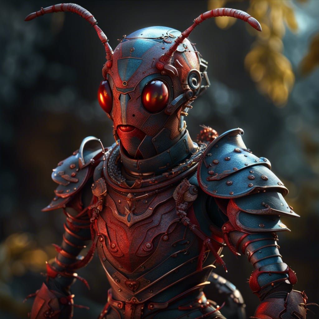 Humanoid red ant wearing medieval armor mandibles and antenna