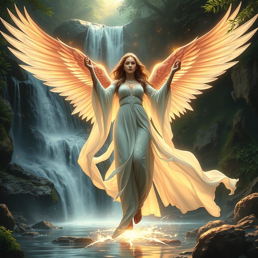 Inanna, the winged goddess of stars, descends upon a hidden waterfall deep within Mirkwood.