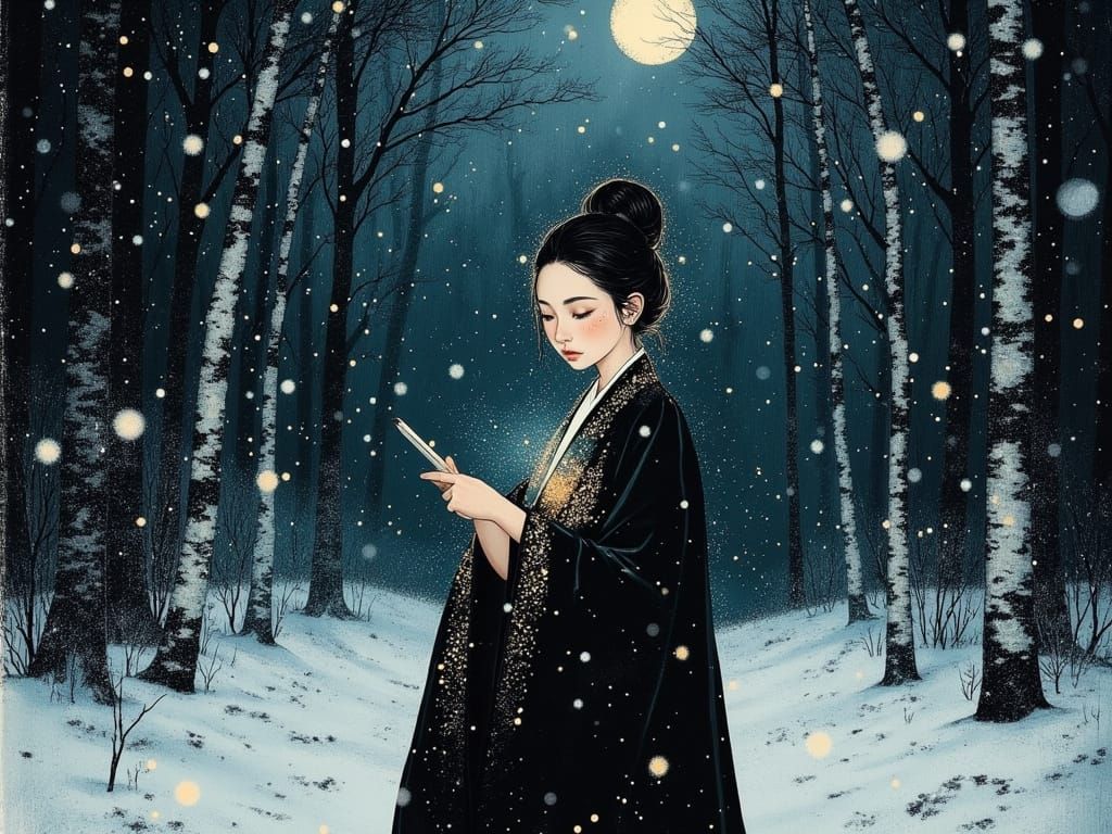 Mysterious Snowy Night Scene in Traditional Asian Style