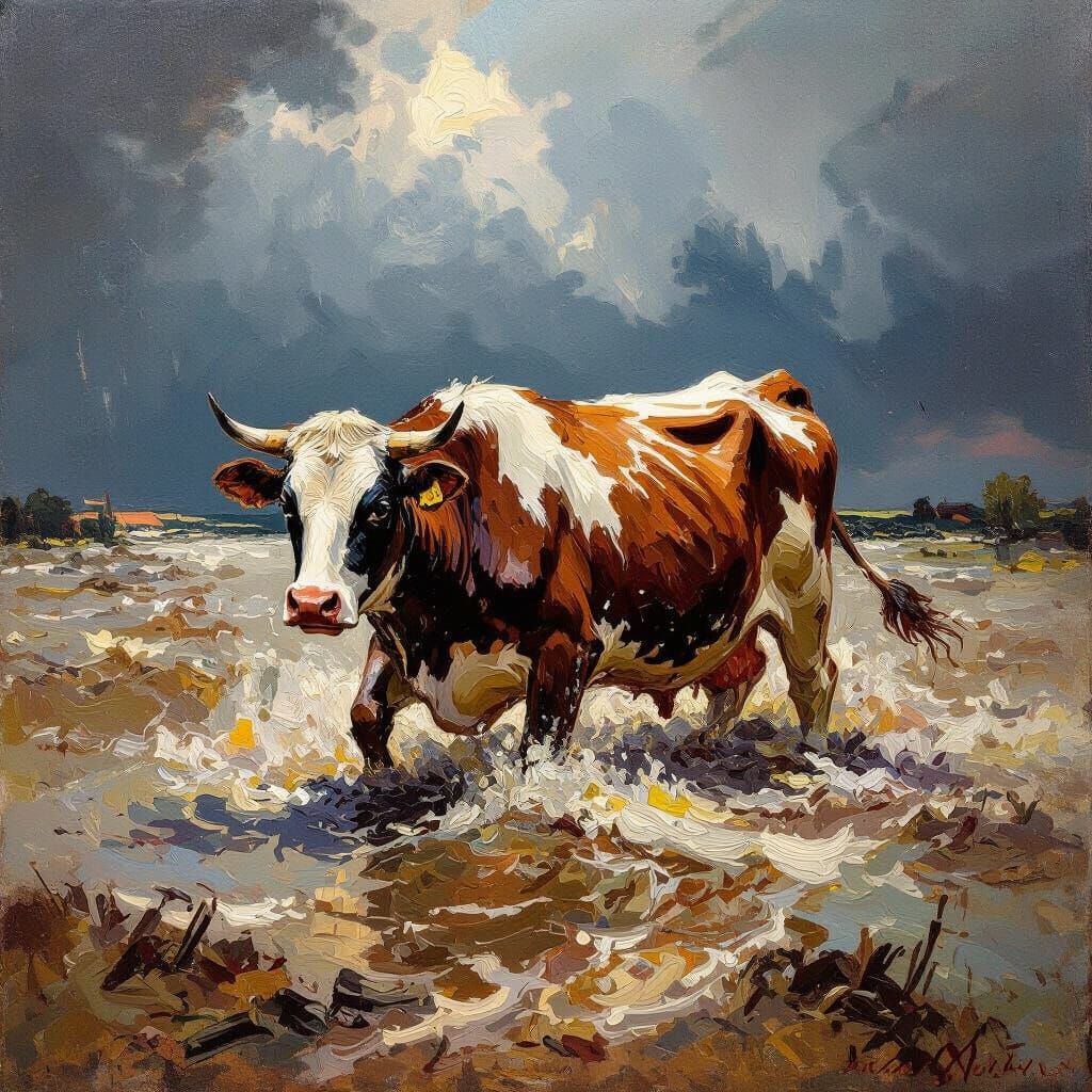 Impressionistic Flood Destroys Cow in Dramatic Oil Painting