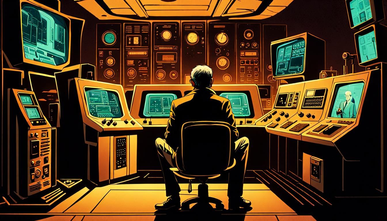 Lonely Man in Retro-Futuristic Control Room