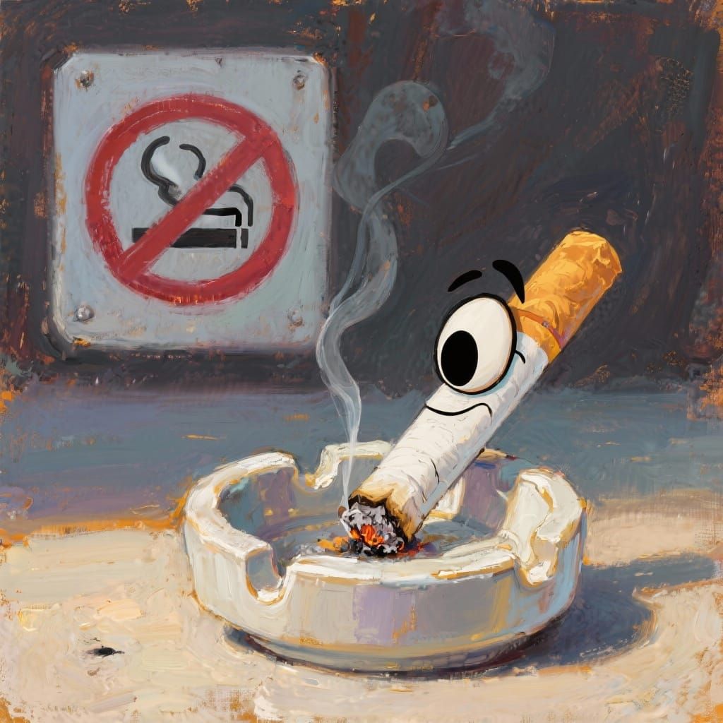 Cartoon Cigarette Snuffed Out, No Smoking Sign