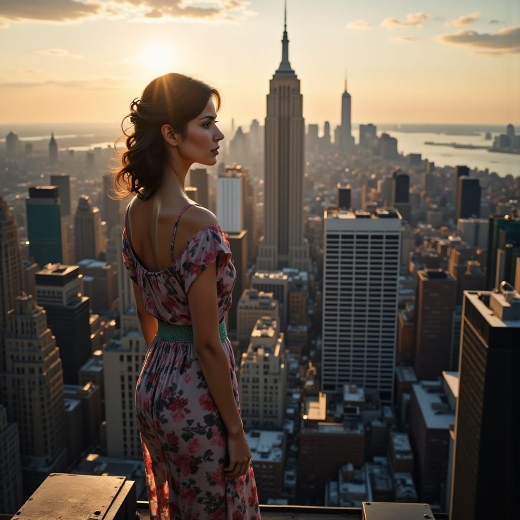 Woman Contemplating New York City Skyline in Cinematic Style