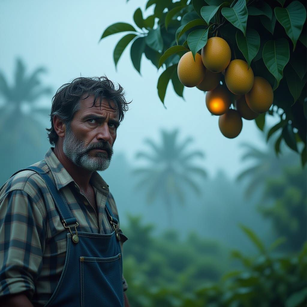 Horrifying Farmer in Fog, Cinematic Horror Style