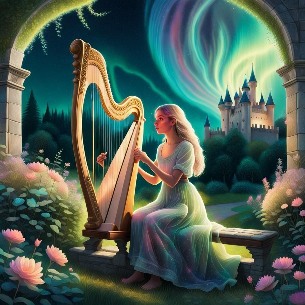 Young Woman Plays Harp in Park, Astral Illustration