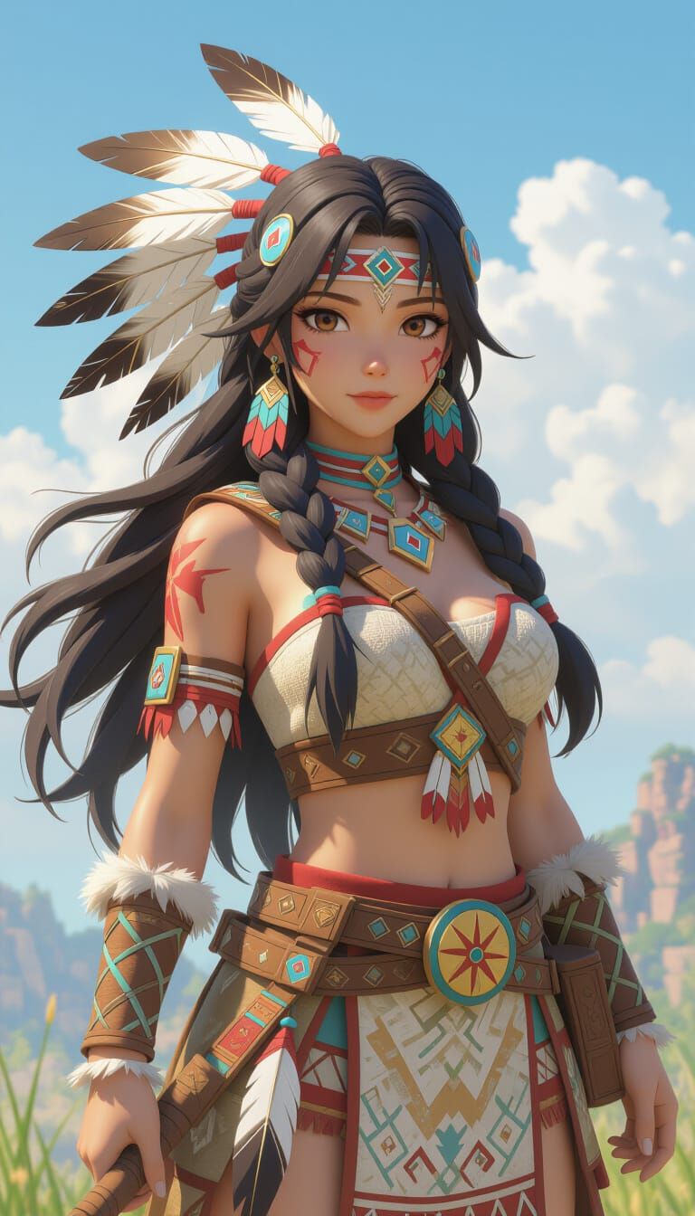 Anime Native American Woman in 3D Art Style