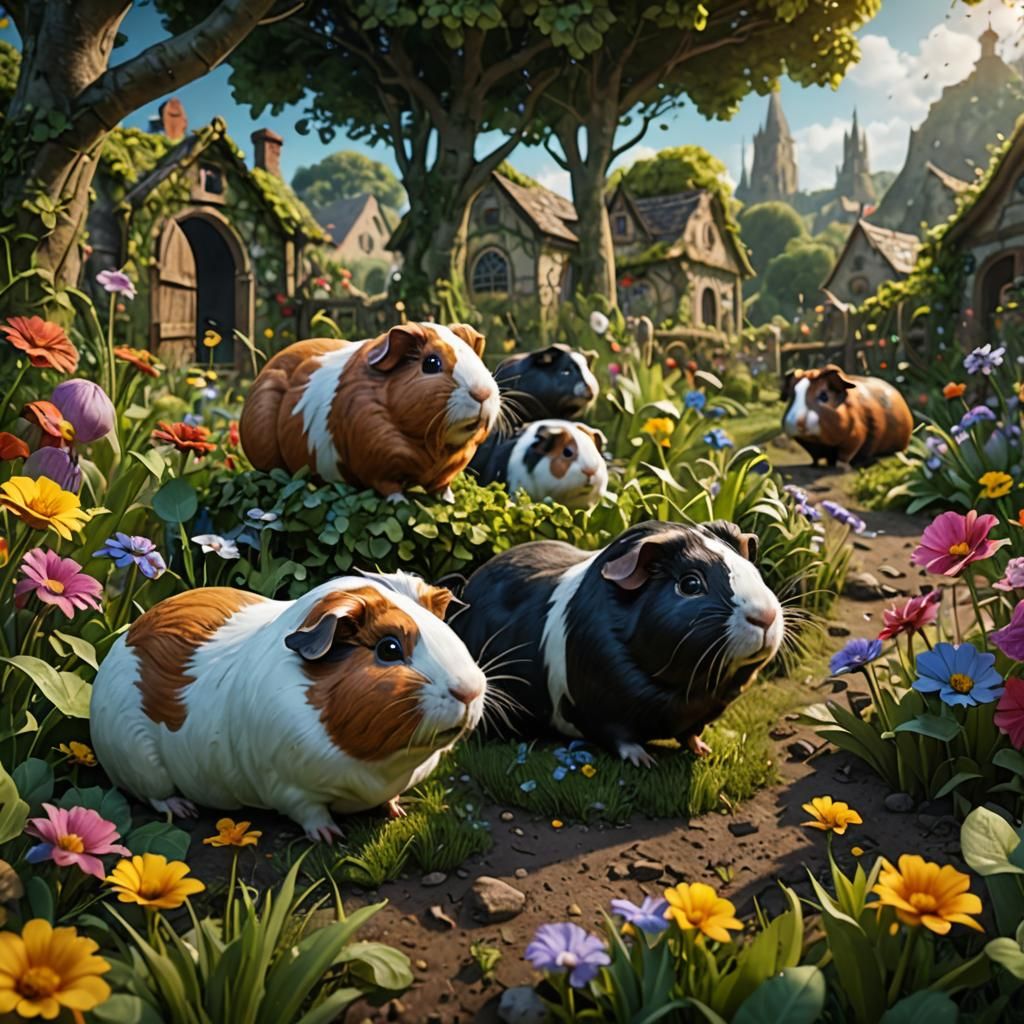 Guinea Pigs Grazing in a Fantastical Garden