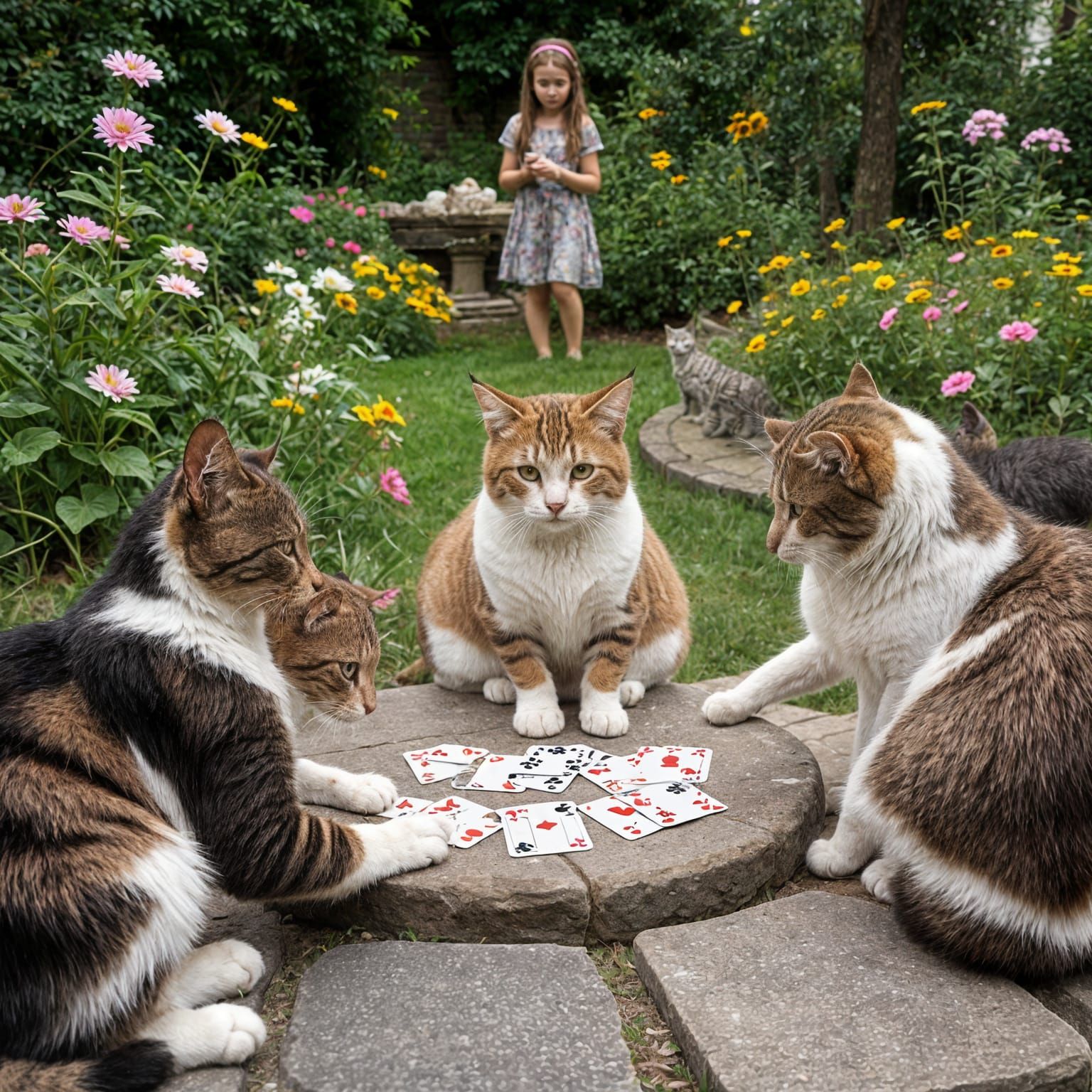 Cats Playing Cards in Garden Scene