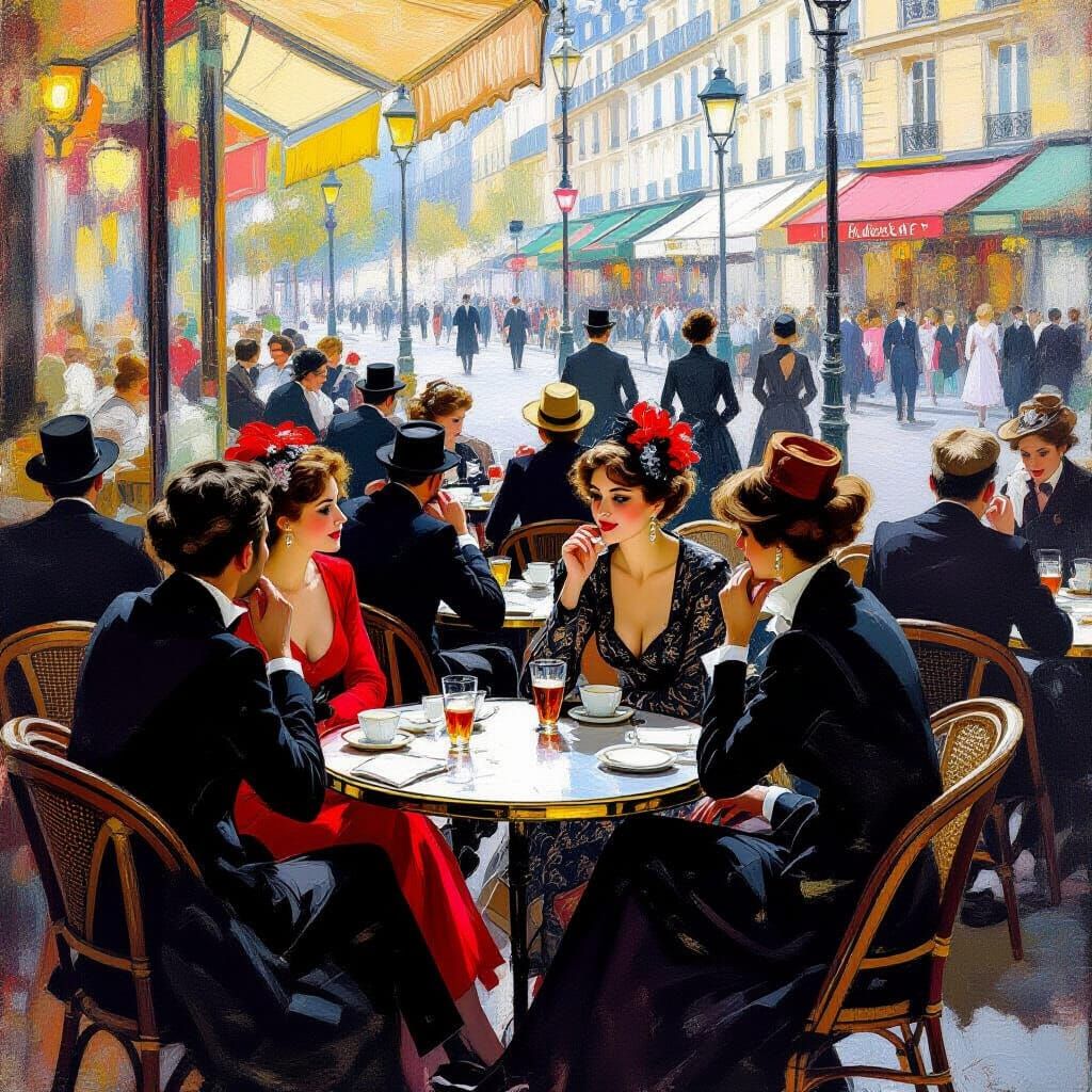 Parisian Cafe Scene in Art Nouveau Style