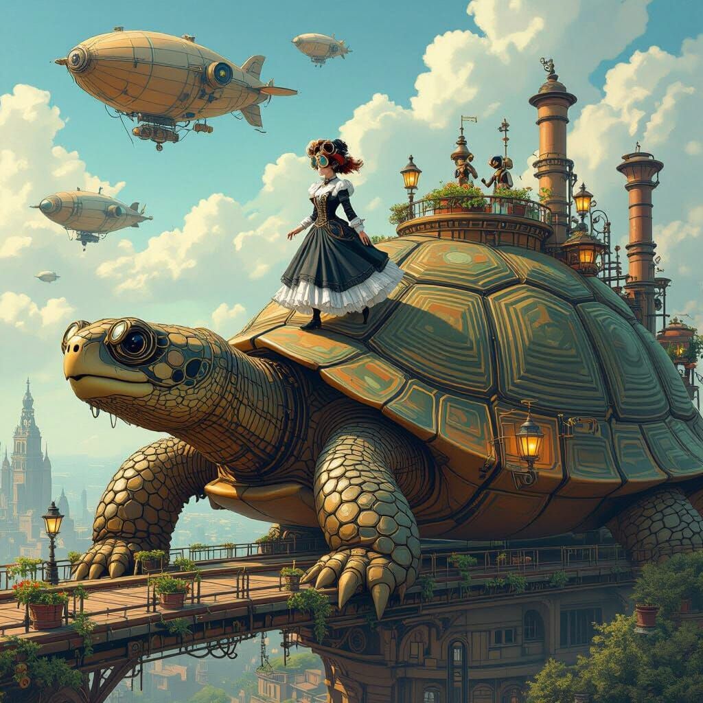 Steampunk Woman Walks Tortoise in Victorian Era