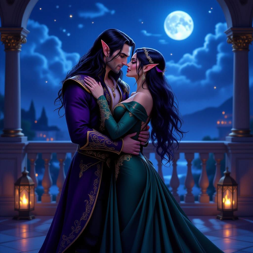 Elf Prince and Woman Share Passionate Kiss on Ballroom Balco...