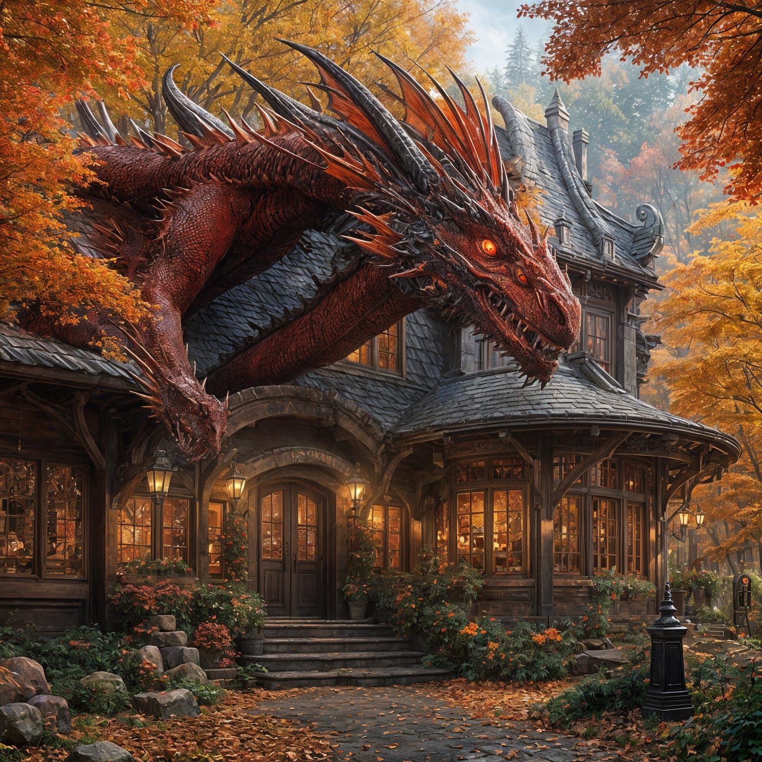 Red and Black Dragon in Fall Forest, Kinkade Style