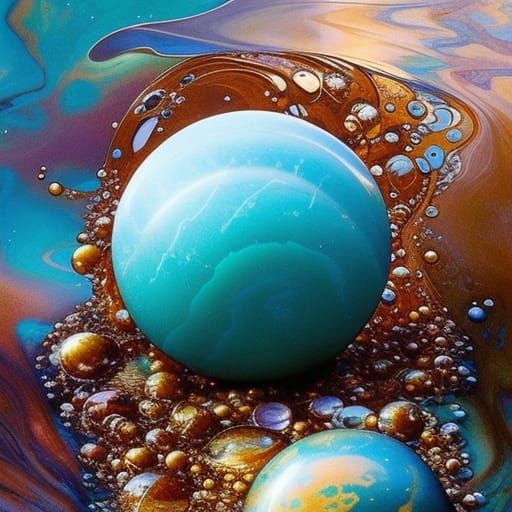 Cosmic Marble Ball in Turquoise Water, Detailed Illustration
