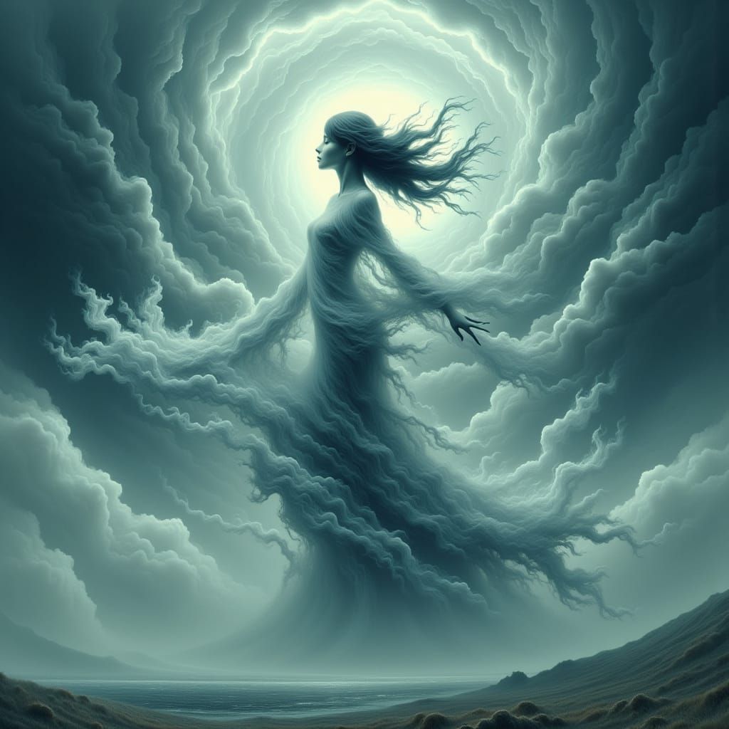 A mystical, ethereal woman, crafted from swirling wisps of w...