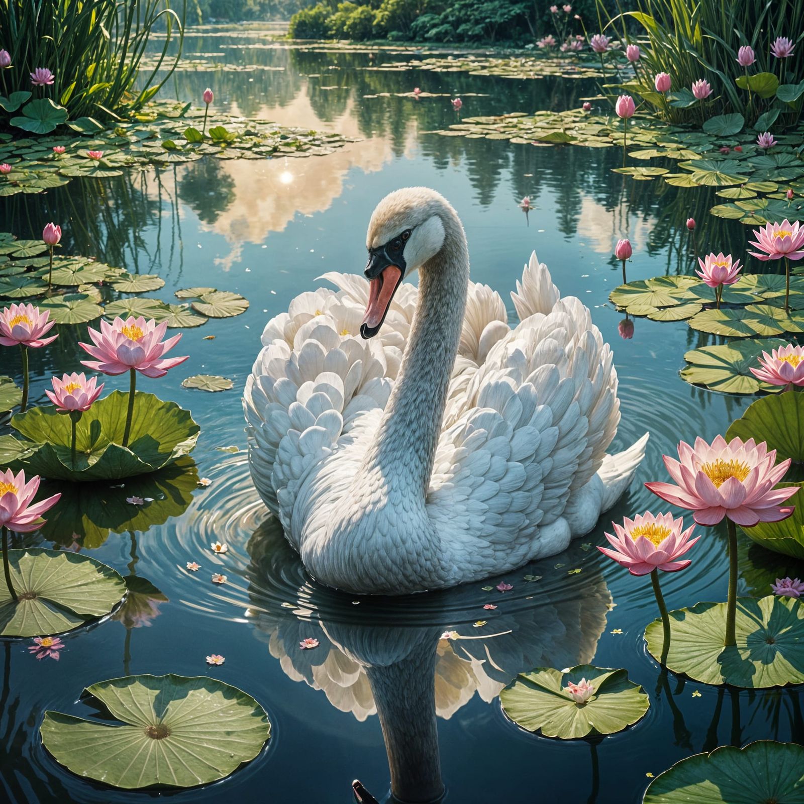Pearlescent Swan on Tranquil Lake, Art Nouveau Style