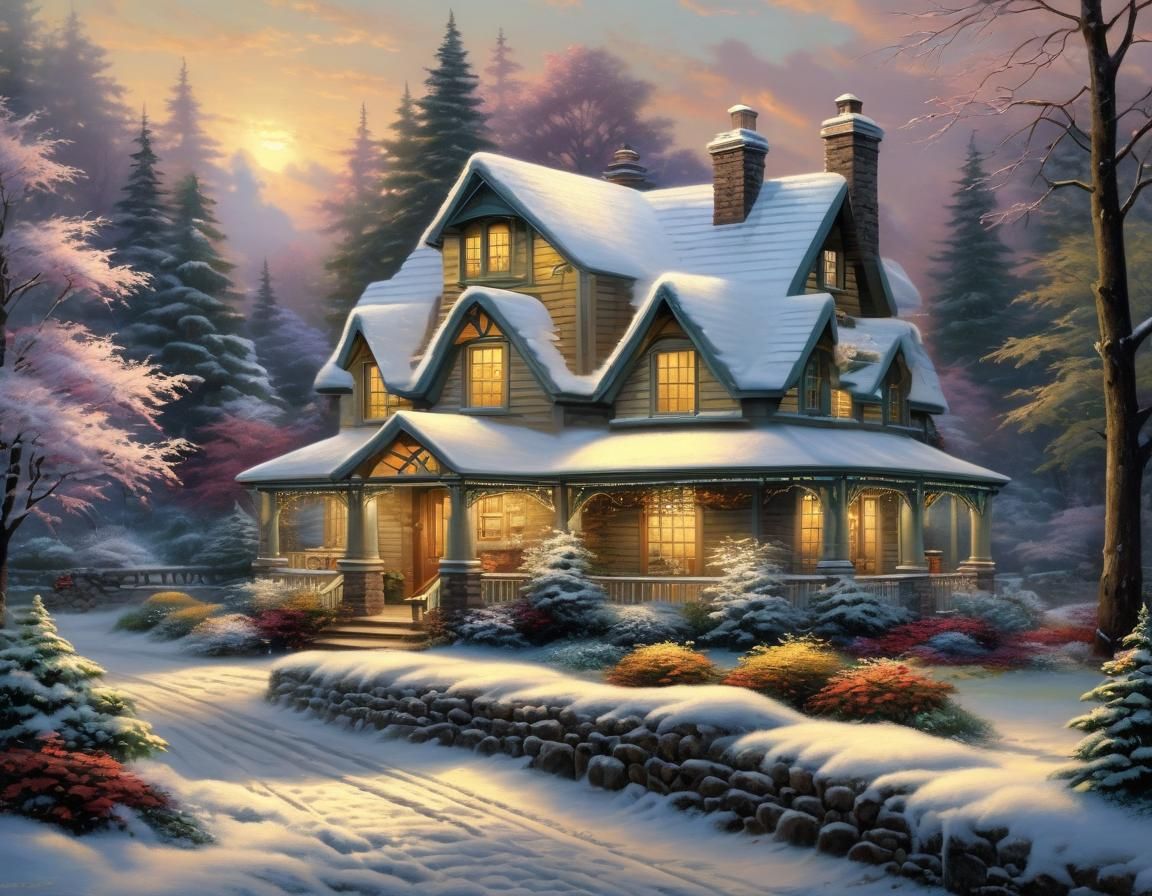 Snowy Cottage at Sunrise in Luminist Style