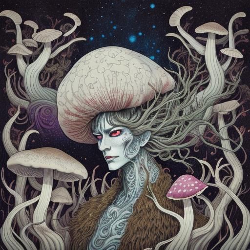 Surreal Mushroom Man in Psychedelic Horror Style