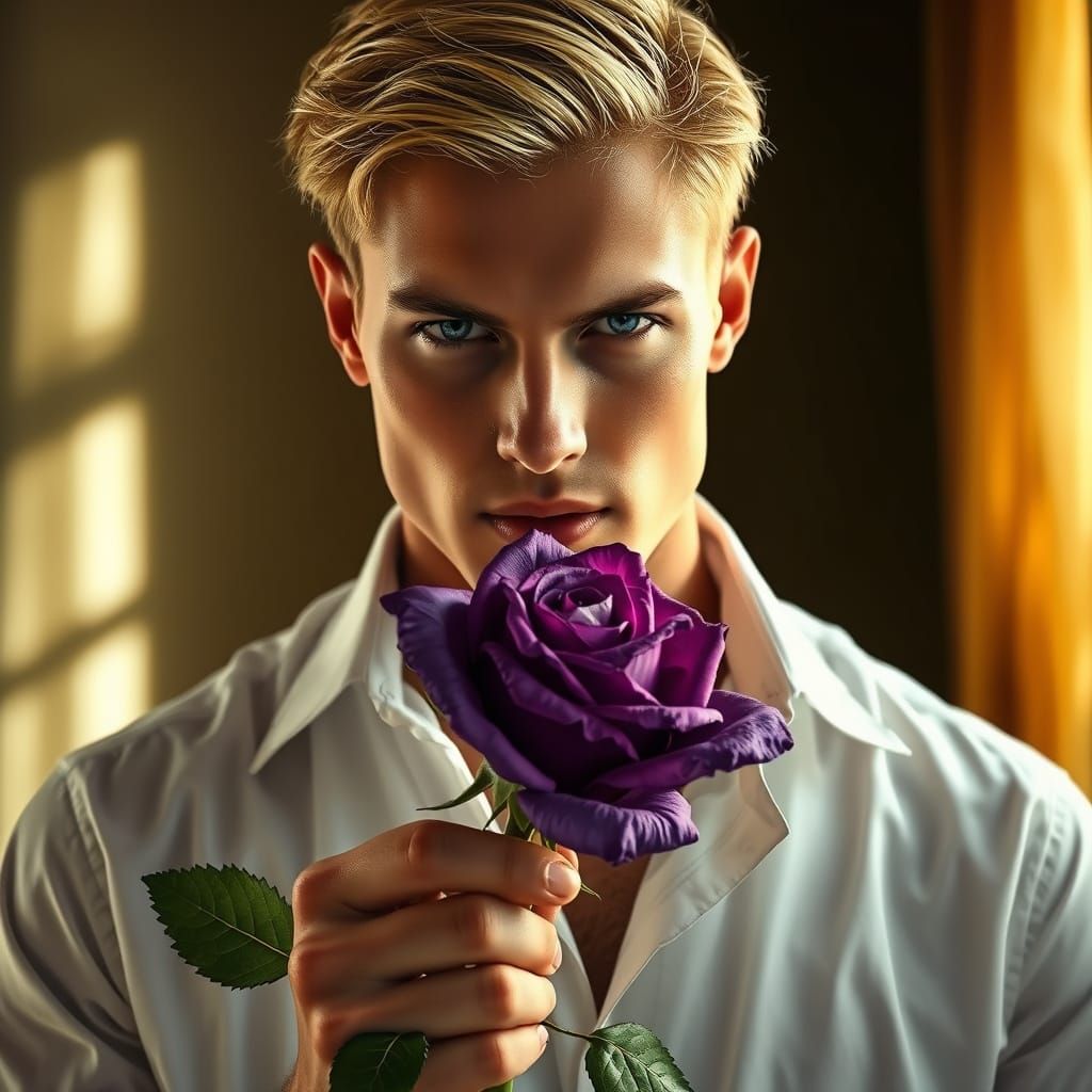 Chiseled Blonde Man Holding Dewy Purple Rose in Soft Golden ...