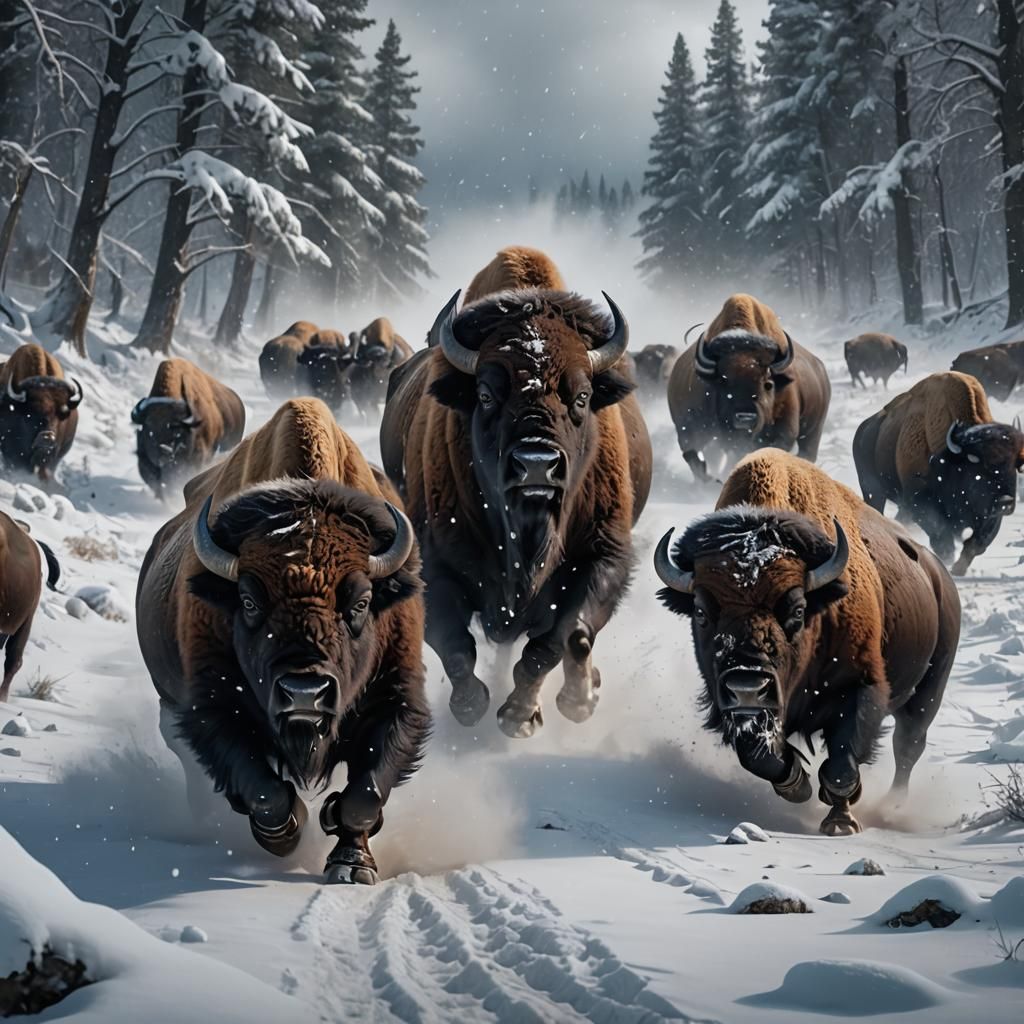 Bison in Snowstorm: Detailed Matte Painting