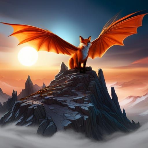 Fox Dragon Soaring Above Mountain, Fantasy Art