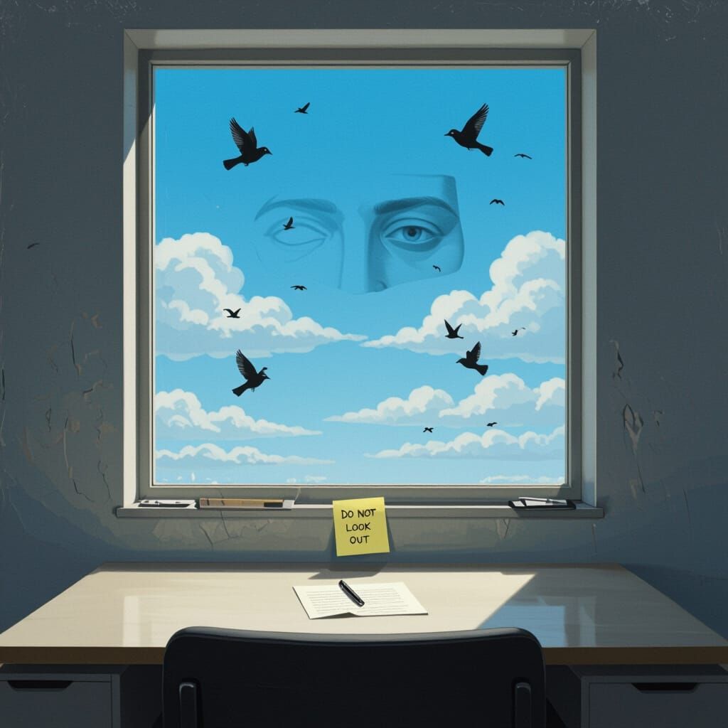 Surreal Office Scene With Uncanny Window Message