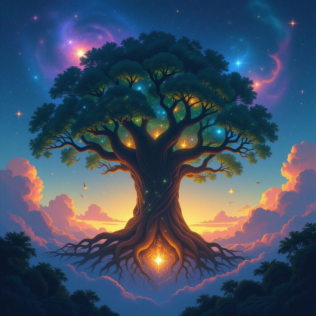 Cosmic Tree Ecosystem in Vibrant Nebula