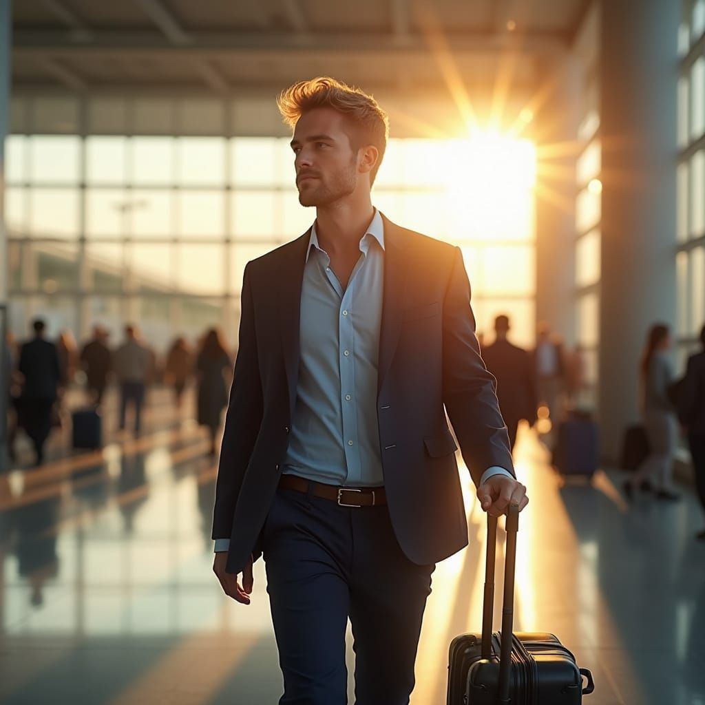 Man Walking Through Airport Terminal at Golden Hour