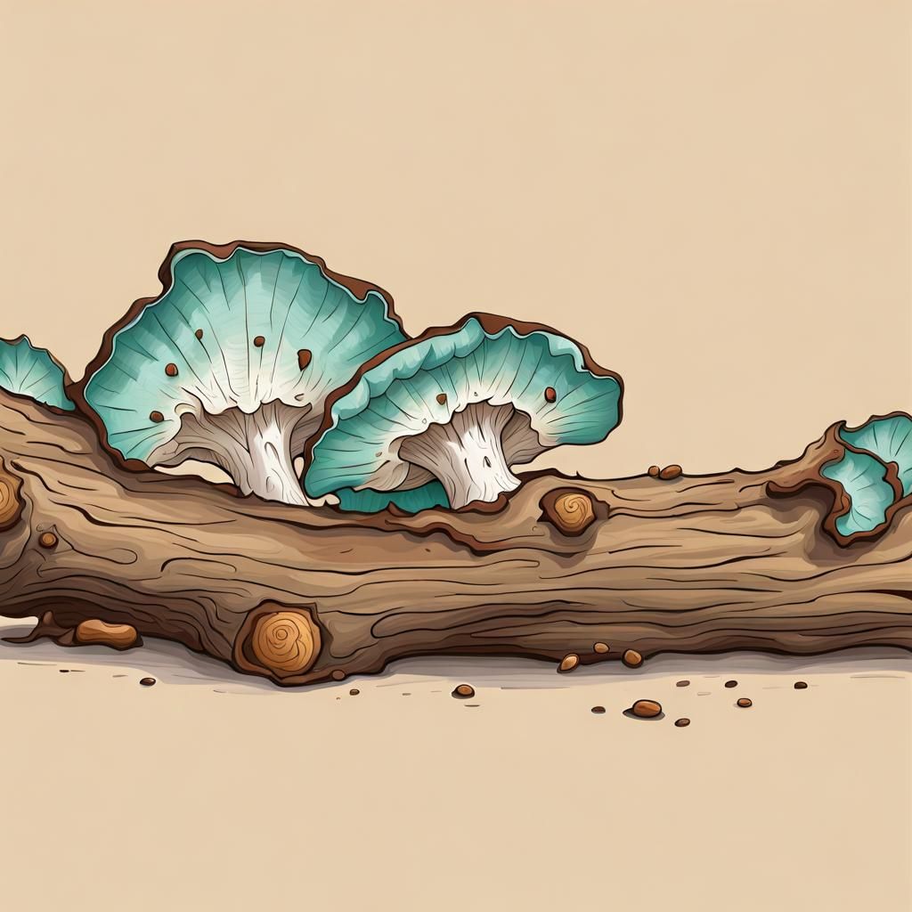 Turquoise Bracket Fungus on Chocolate Log: Aquarelle Sketch