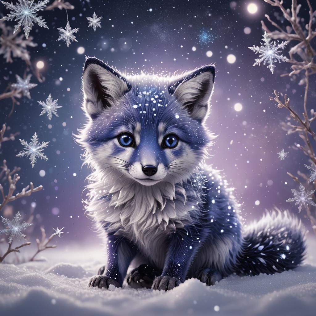 Indigo Fox Cub in Winter Wonderland: Digital Art