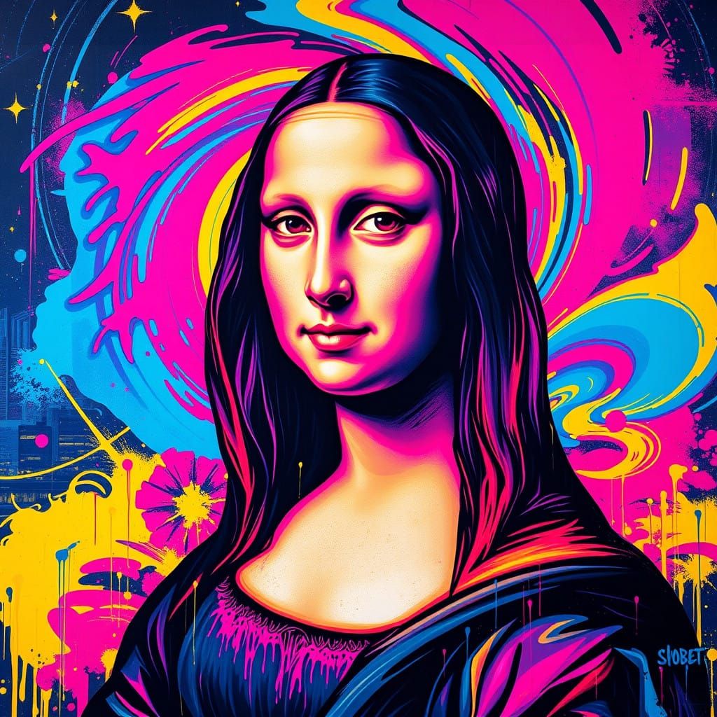 Bold Pop Art Mona Lisa in Vibrant Digital Graffiti