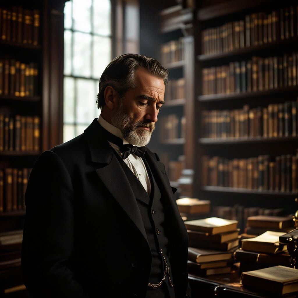 Melancholic Edwardian Gentleman in Dimly Lit Library