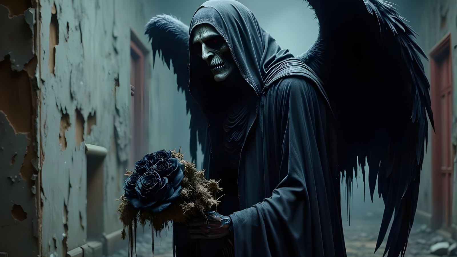 Decayed Raven Angel in Gothic Funeral Parlor