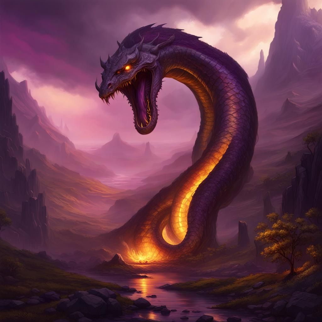 Giant Fire-Breathing Serpent in Valley: Dark Fantasy Art