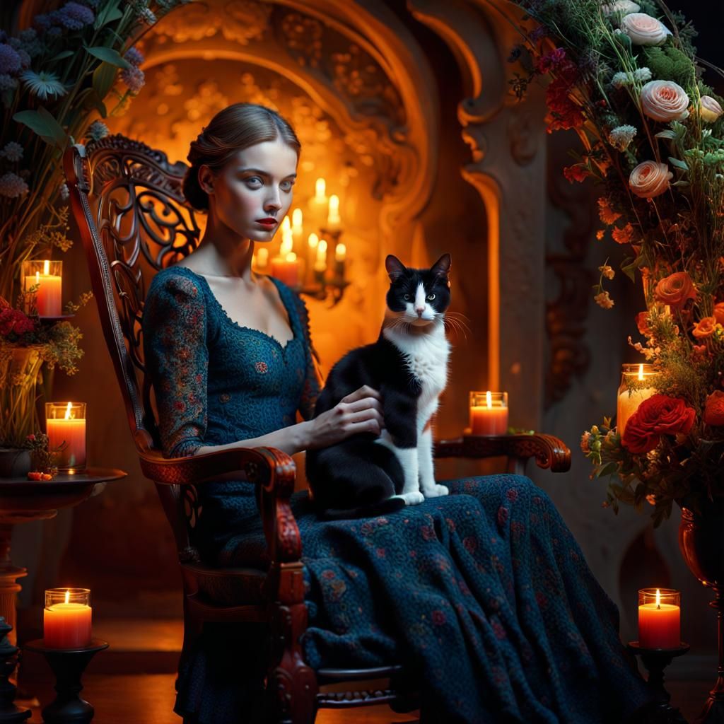 Model and Cat in Floral Chair, Candlelit Scene