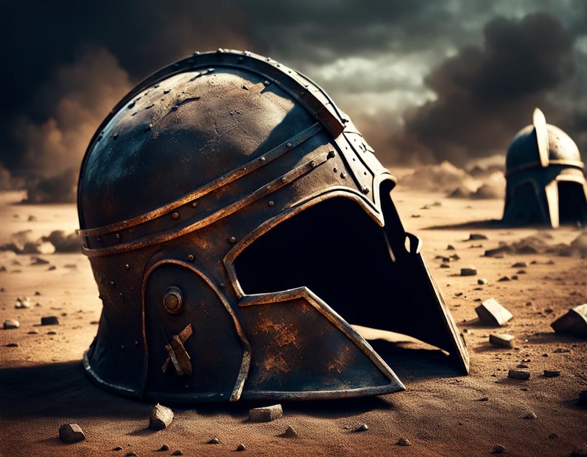 Hoplite Helmet on Battlefield: Hyperrealistic Splash Art