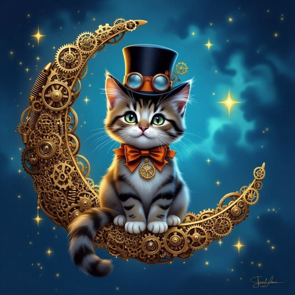Steampunk Cat on Moon in Nebula