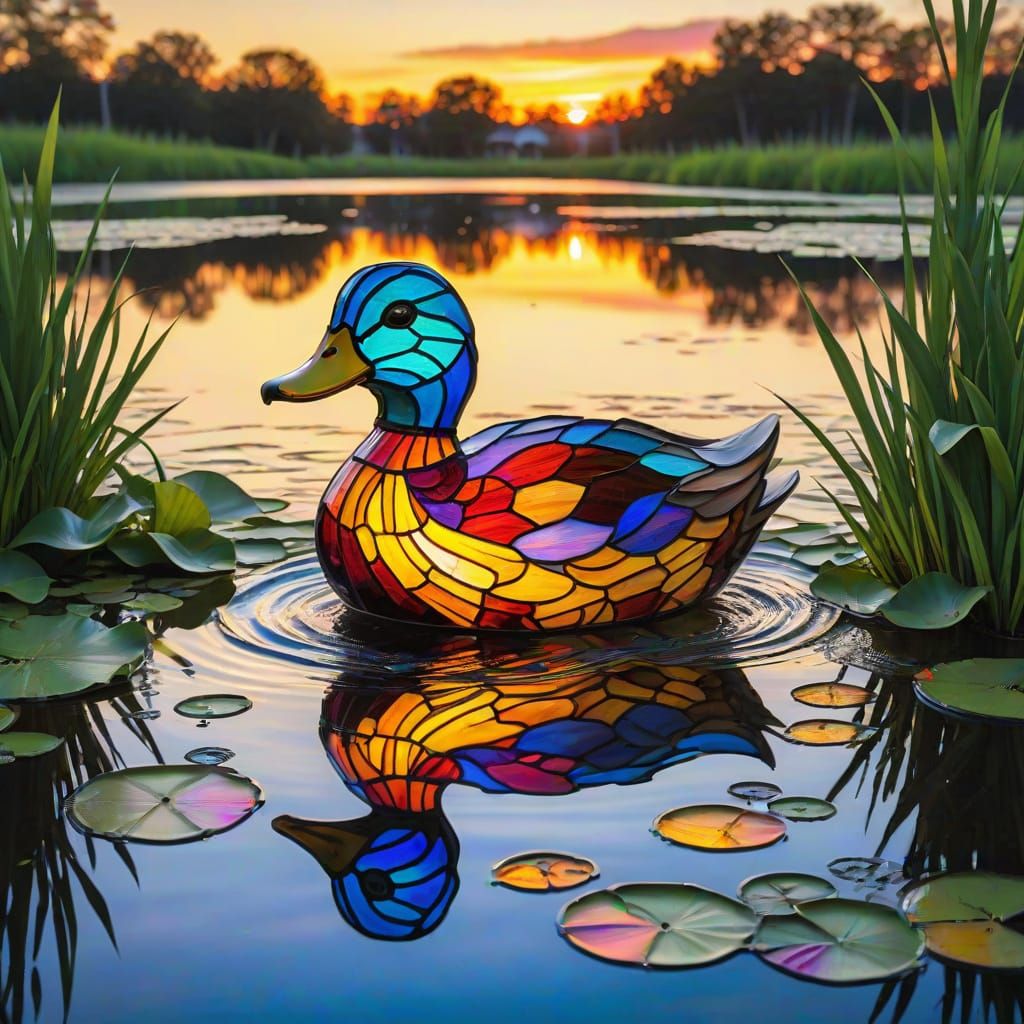 Vibrant Stained Glass Duck at Sunset Pond