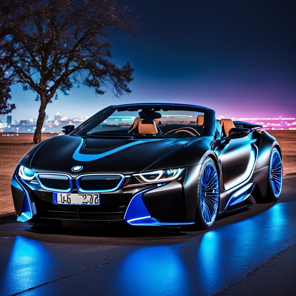 Blue and Black BMW i8 Roadster in Synthwave Style