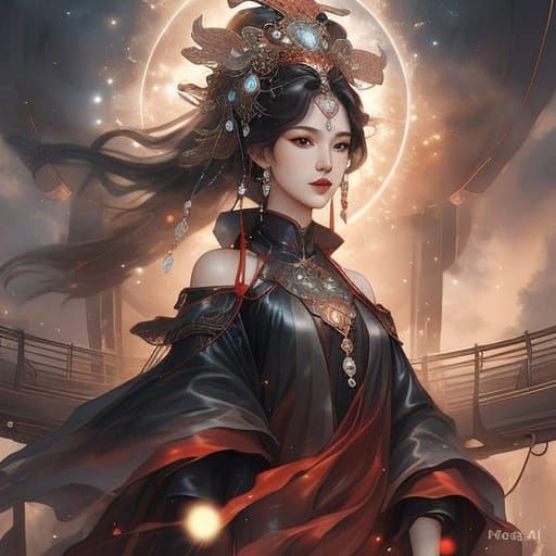 Majestic Chinese Goddess on Airship Balcony in Cinematic Fan...